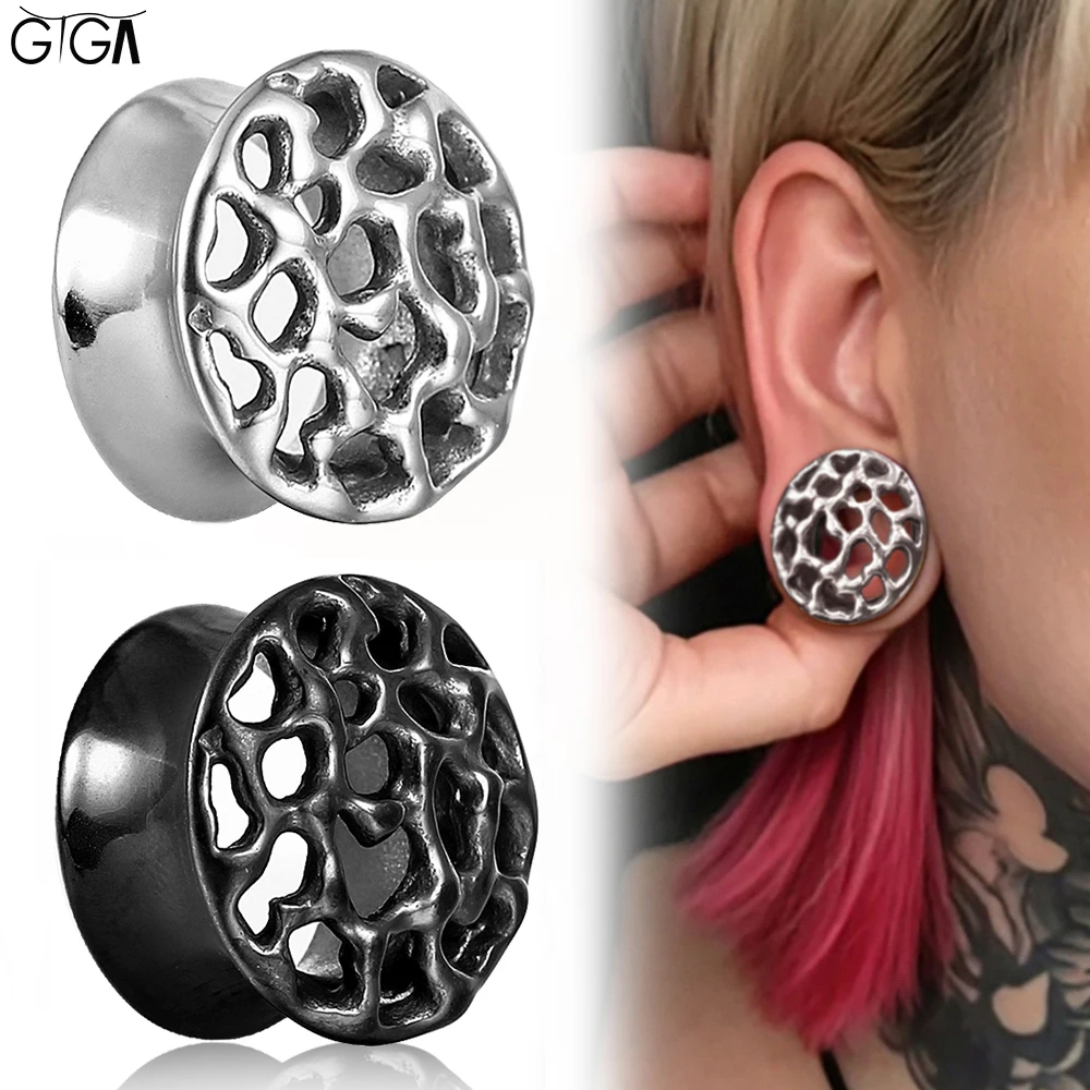 Giga 2Pcs Gothic Hollow Grid Ear Plugs Tunnels Stainless Steel Earrings Gauges Body Piercing Jewelry Expander Earlobe Stretcher