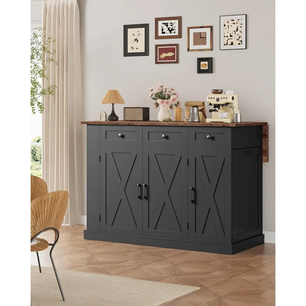 طاولة جزيرة المطبخ المتحركة مقاس 51.2 بوصة مع سطح قابل للطي، عربة جزيرة المطبخ مع مساحة تخزين، خزانة سلة المهملات، درجين، رف توابل #2