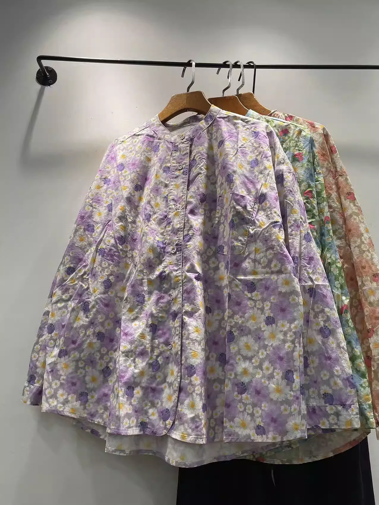 2026 Spring clothes beautiful women's blouses 100% cotton purple floral oil painting oversized shirts long sleeve blouses
