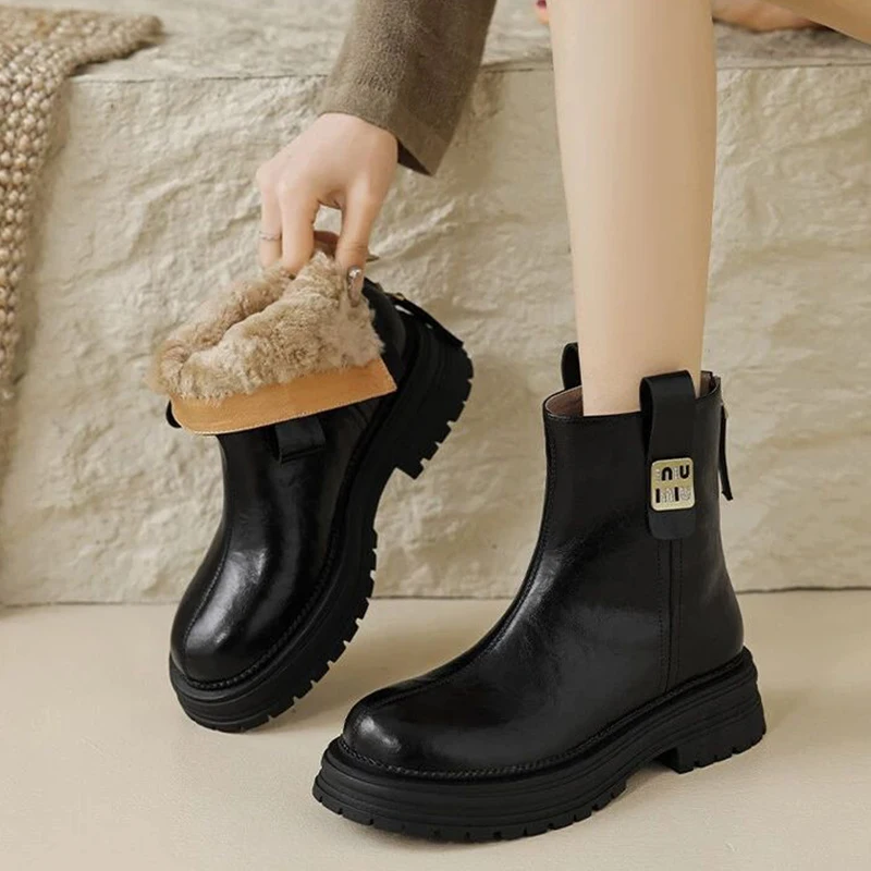 

Осень-зима, новые женские ботильоны высокого качества, шерстяные теплые кожаные ботинки на платформе, женские зимние ботинки на высоком каблуке «Челси» в британском стиле