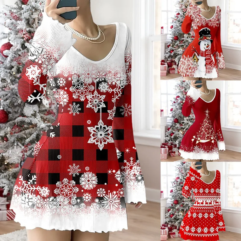 

2025 Women's Dresses Festive Printed Stretch V-Neck Long Sleeve Fashion Red Christmas Snowflake Slim Mini Skirt