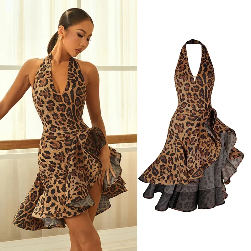 

Платье для латинских танцев для взрослых, 2022, леопардовое платье для женщин, сексуальная юбка для танцев румбы, ча-ча, танго, танцевальная одежда для выступлений