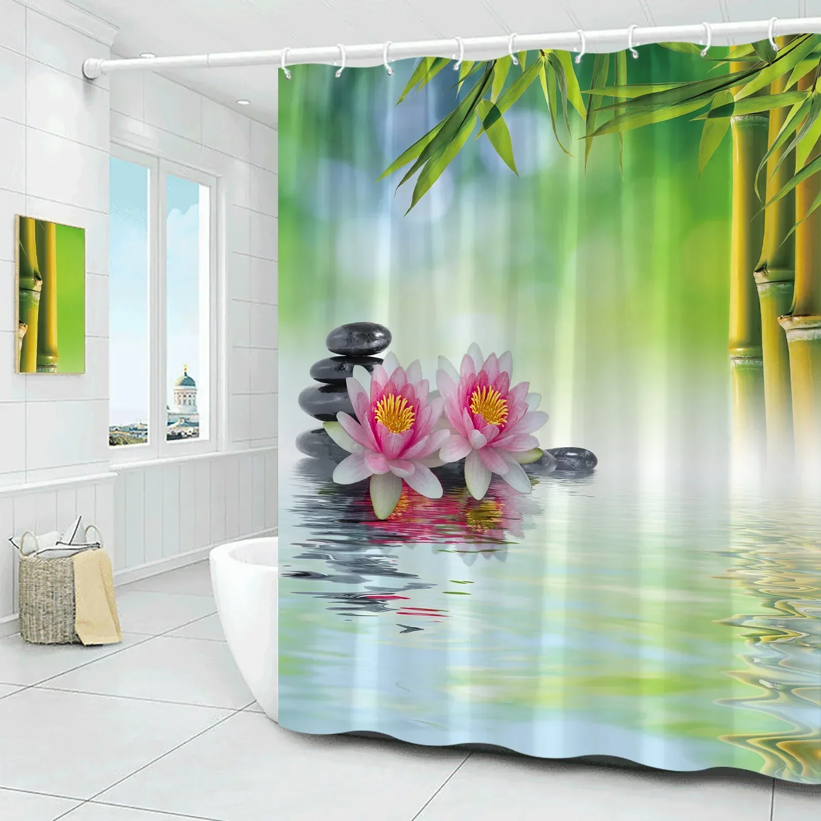 Pink Lotus Zen Shower Curtains Black Stone Green Bamboo Garden Scenery Japanese Spa Bath Curtain Fabric Print Bathroom Decor Set