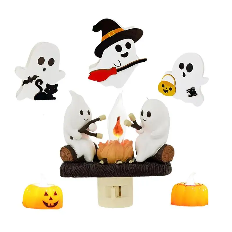 Ghosts Campfire Table Lamp Ghost Roasting Marshmallows Campfire Flickering Nightlight Cute Campfire Light Plug In Bedside Lamp