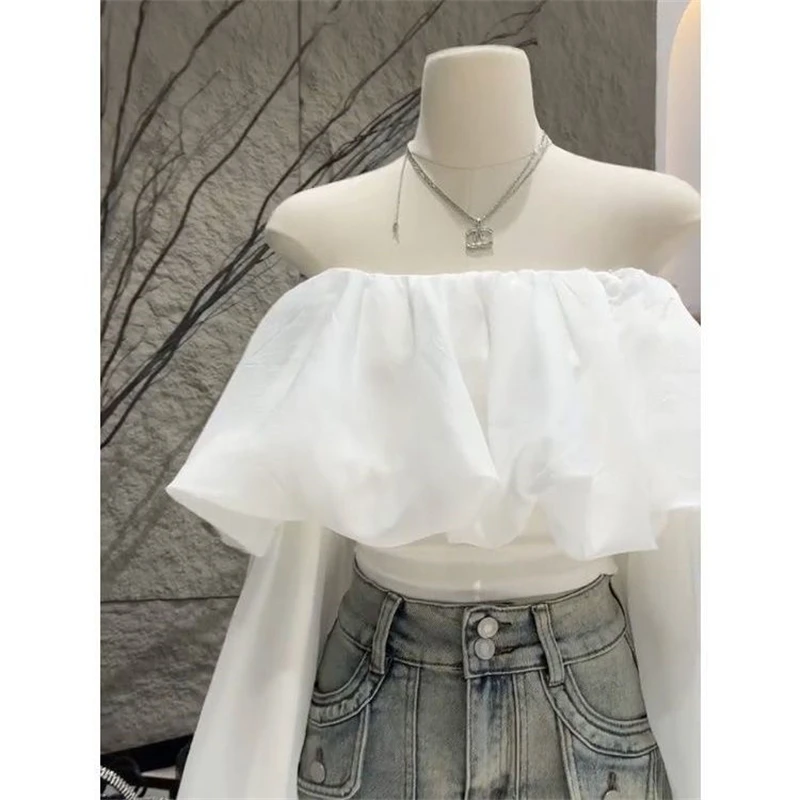 Women Fashion Ruffles Sexy Off Shoulder Blouses 2024 Spring White Sweet Chic Blouse Casual Long Sleeve Slim Tops Blusas De Mujer