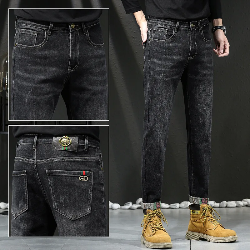 Celana Jeans Musim Semi dan Gugur, Celana Jeans Pria Bordir Elastis Slim Fit, Celana Jeans Dewasa Pria Elegan Nyaman Longgar Kelas Atas