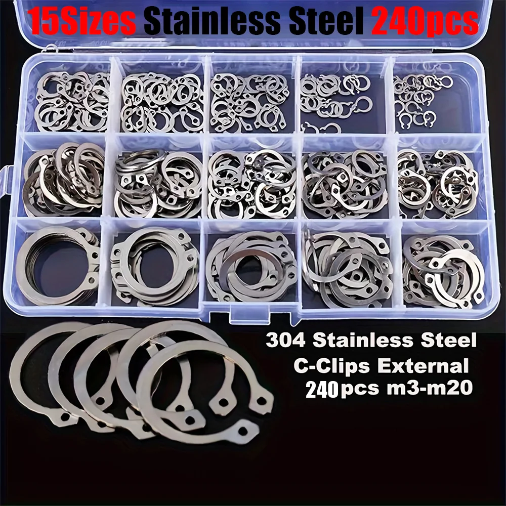240-piece set of 15 sizes of C-clamp external retaining ring kit, 304 stainless steel coil shaft sorting kit, M3-M20 set.
