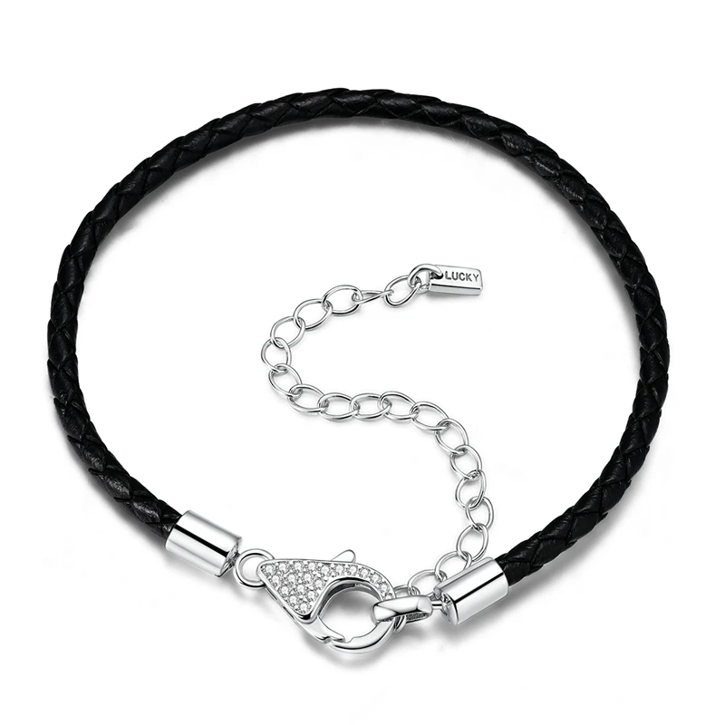 Neues Armband aus 925er Sterlingsilber mit schwarzem Lederband, Karabinerverschluss, schlichtes Kettenarmband-Design für Damen, Party-Schmuck – Detail 1