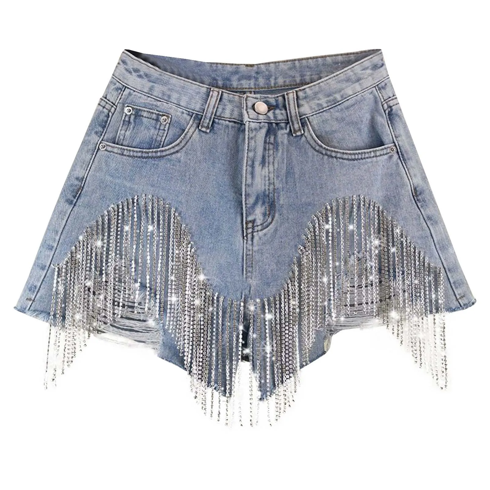 Damenmode lässig einfarbig High Taille Diamant Set schwere Quaste Kette A-Linie weites Bein Hot pants Hipster Shorts