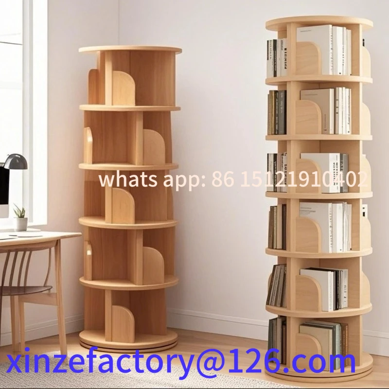 Customizable 360° Rotating Solid Wood Bookshelf Floor Standing Mobile Storage Shelf Modern Storage Stand with Wheels Home Office