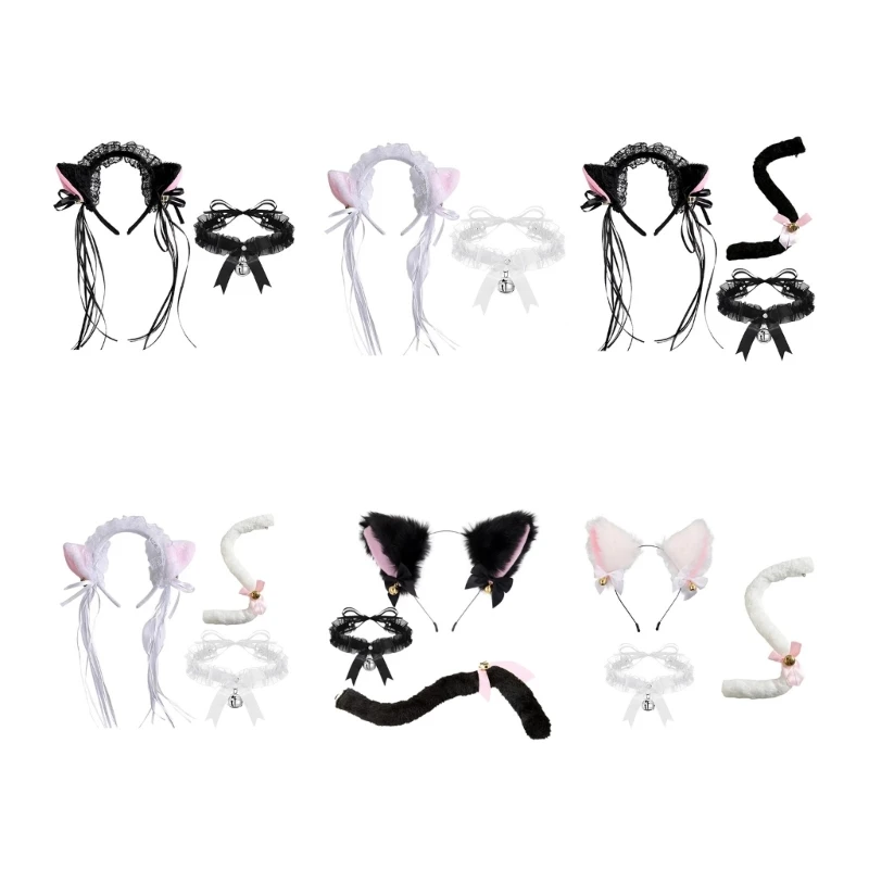 Cats Maid Ear Headband with Tail Set Cats Tail,Choker Halloween Cosplay Props H9ED