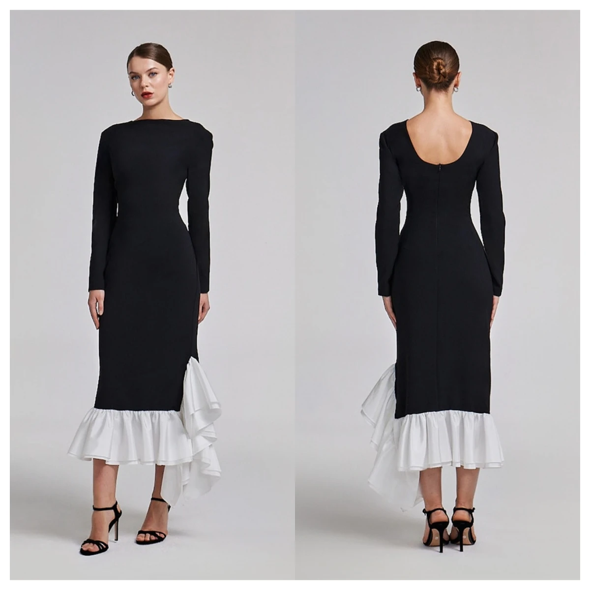 ที่กําหนดเองที่กําหนดเองคุณภาพสูงสีดํา JERSEY ชุดราตรี Scoop แขนยาวคนดังชุดซิปด้านหลังโอกาสพิเศษ Go