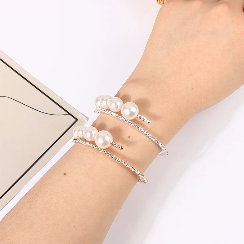 Trendy Rhinestone Jewelry Pearl Bracelets Pearl Jewelry For Women Crystal Open Bangles Gifts