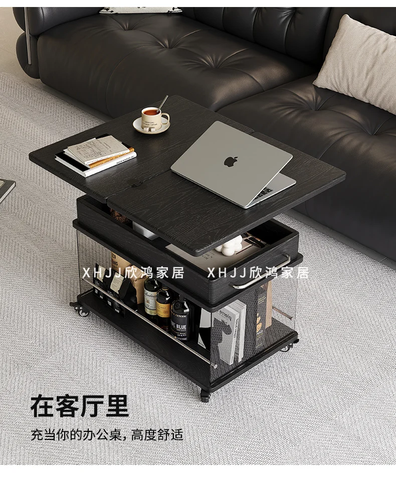 

Light luxury movable coffee table sofa side cabinet solid wood small apartment living room lifting folding balcony trolley