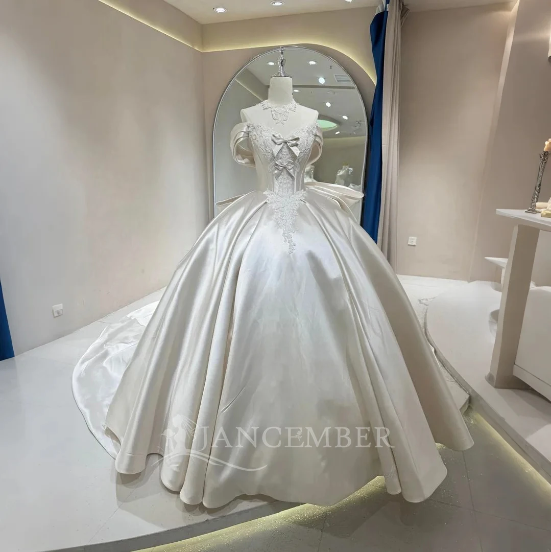 

Charming Wedding Dresses Satin Bridal Gowns Lace Floor Length Robes For Women Pretty Short Sleeves Vestidos De Novia Customized