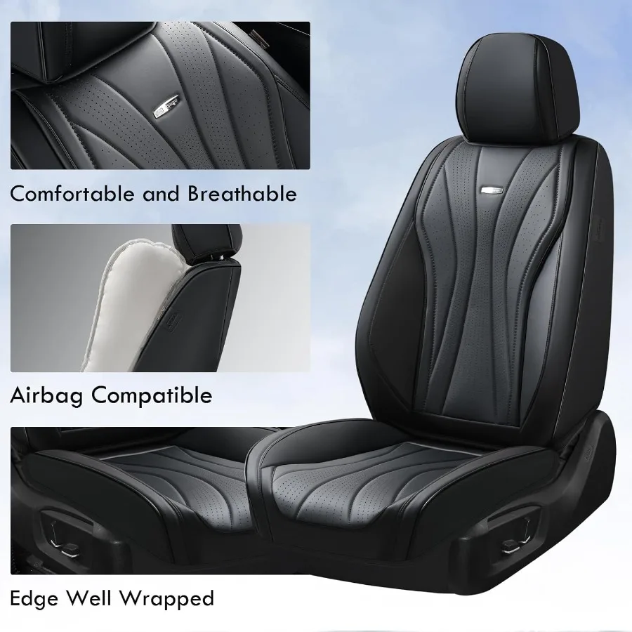 مجموعة كاملة من أغطية مقاعد السيارة الفاخرة المصنوعة من الجلد الصناعي باللون الأسود للمقاعد الأمامية والخلفية المقاومة للماء مع وسادة Unive