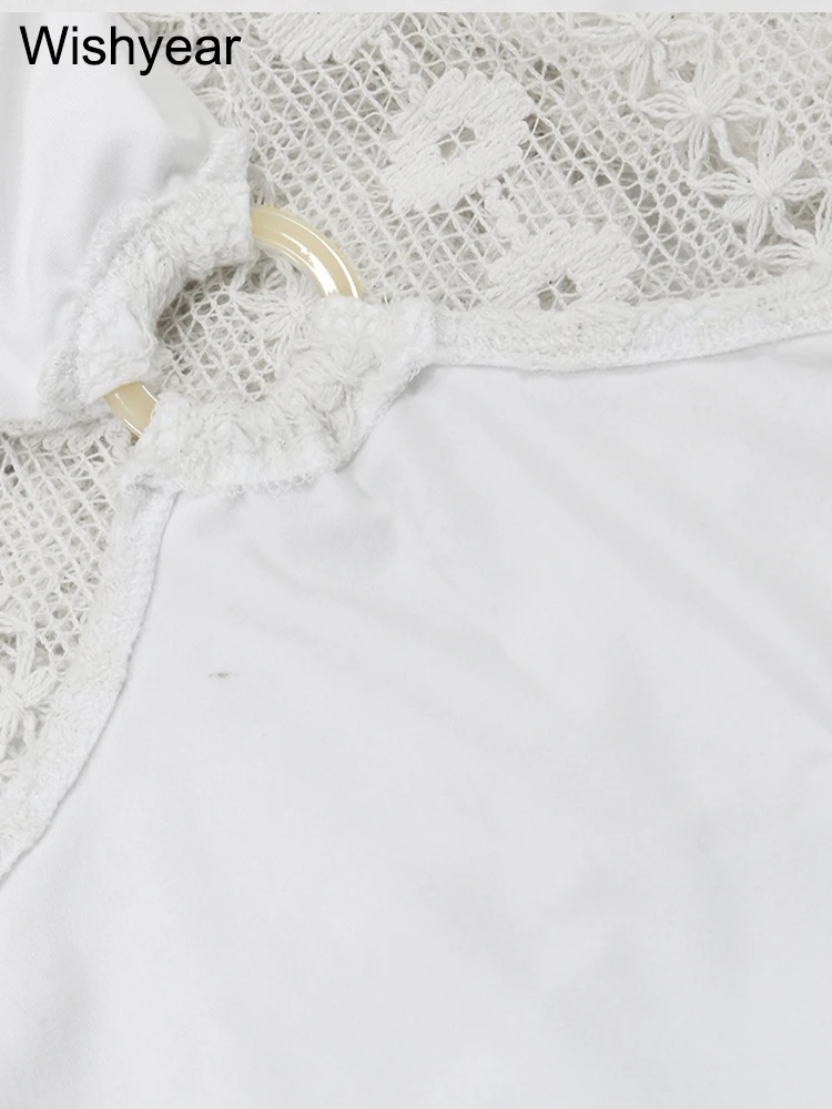 ฤดูร้อนใหม่วันหยุด Beach Party ผู้หญิงสปาเก็ตตี้สายคล้องคอ V คอ Hollow Out Lace ดูผ่านวันเกิดพรหมชุด Maxi สีขาว