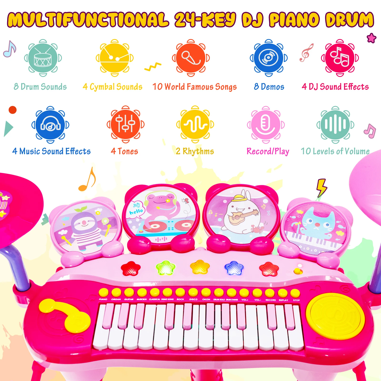 24 Key DJ Piano Keyboard Drum Toy Music Instrument w/MP3 Microphone Cymbal Pink