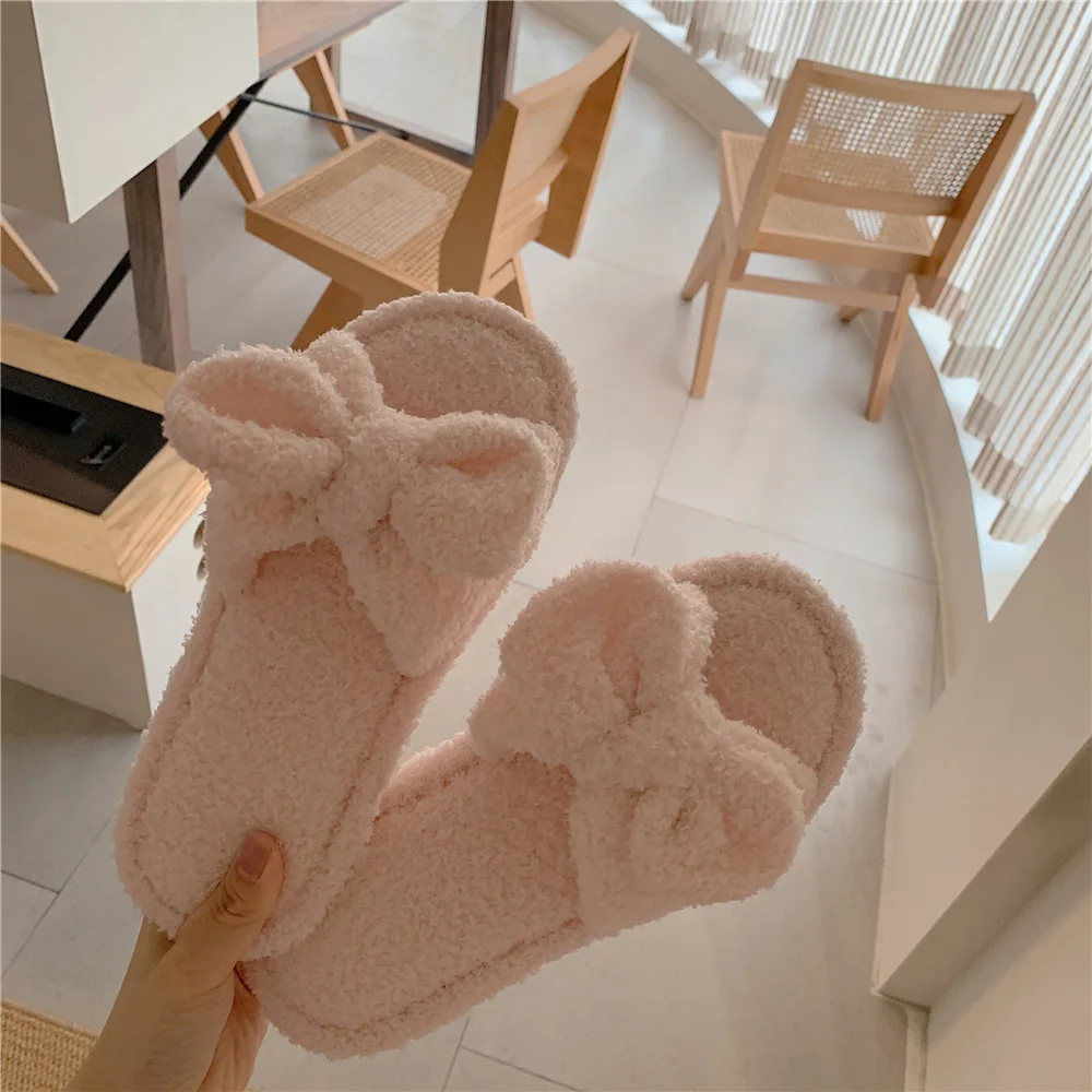 New Winter Women Sweet Bow Plush Slippers Warm Shoes Slides Cute Fuzzy Slippers Men Soft Footwear Home Cotton Shoes