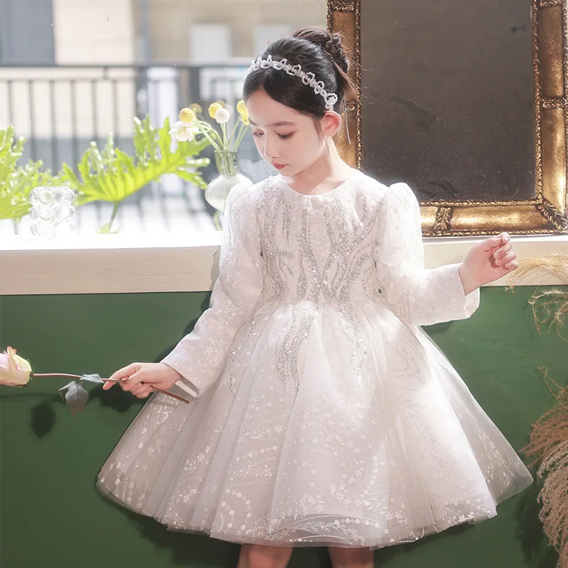 2025 New Spring Girls White Princess Ball Gown Children Cute Long Sleeve Birthday Wedding Piano Perforamnces Dress y1467