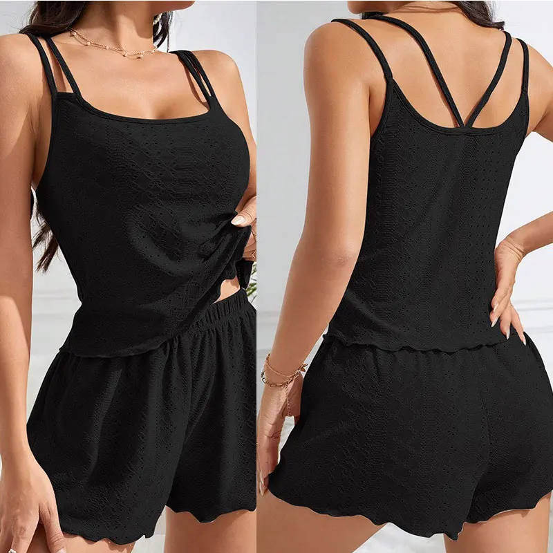 

Женские пижамы из жаккардовой ткани с резьбой и двойным ремешком, майка и шорты, сексуальная, дышащая и удобная домашняя одежда