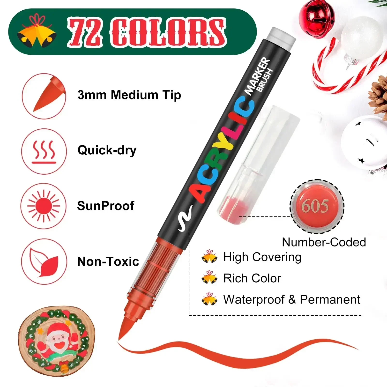 12/120 Colors Paint Markers, Brush Acrylic Paint Pens for Art Supplies Fabric Paint Stone Glass Ceramic Wood Rock Christmas Card image 2