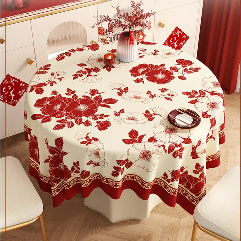 New Year Red Pvc Tablecloth for Dinner Soft Waterproof Anti-Stain Table Cover for Festivals Party Wedding Reusable Home Textile