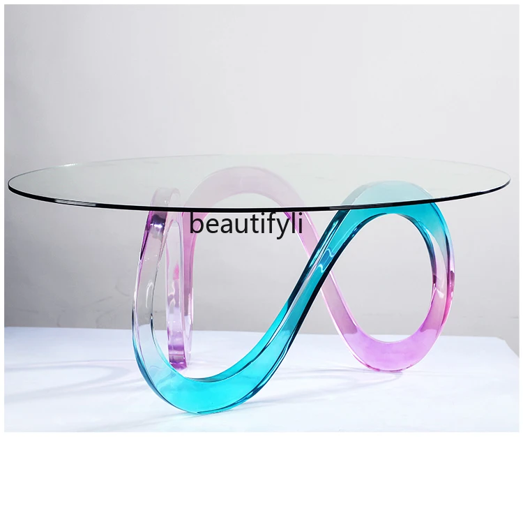 

Living Room Coffee Table Designer Model Light Luxury Modern Tempered Glass Transparent Resin Shaped round Tea Table