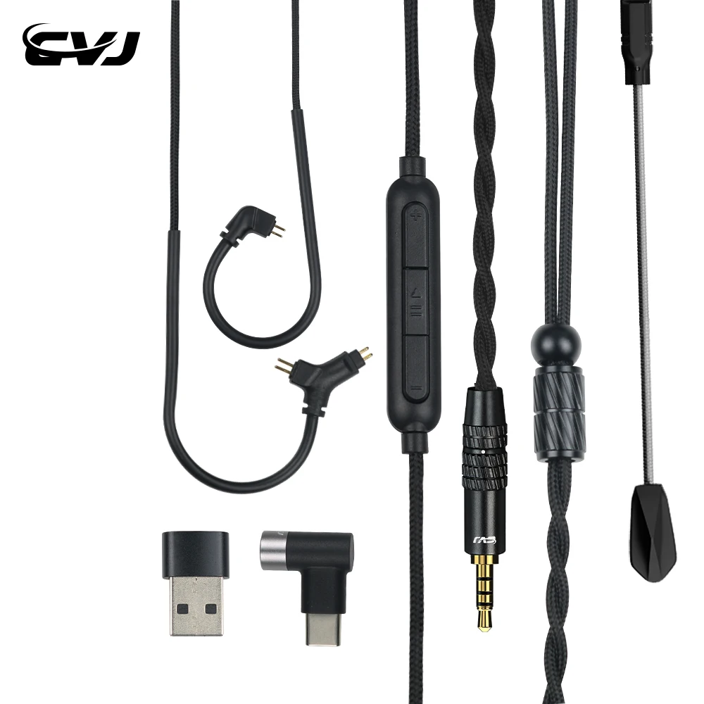 CVJ Hato 2 2M Length Game Earphone Cable Equipped With a Rotating Mic Rod Includes 0.78mm 2Pin 3.5mm+Type-C+USB Replaceable Plug