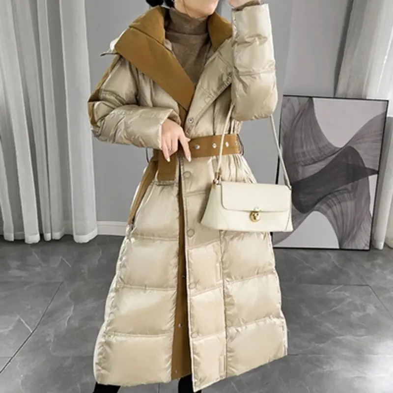 

2023 New Women Down Jacket Winter Coat Female Mid Length Parkas Contrast Stitching Outwear Thichen Hooded Loose Overcoat