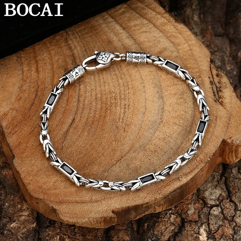 

BOCAI NEW S925 Silver Vintage Personality Six Character Mantra Peace Pattern Bracelet Men's And Women's Gift