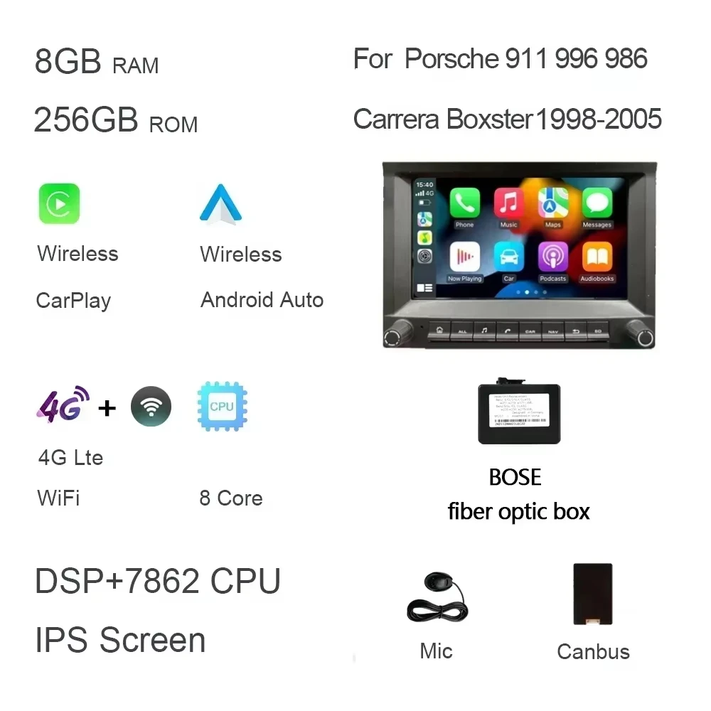 CarPlay 7 "2 din Android 14.0 Auto dvd-speler 8 Core 4GB DSP multimedia GPS autoradio Voor Porsche 911 996 986 Cayman Boxster