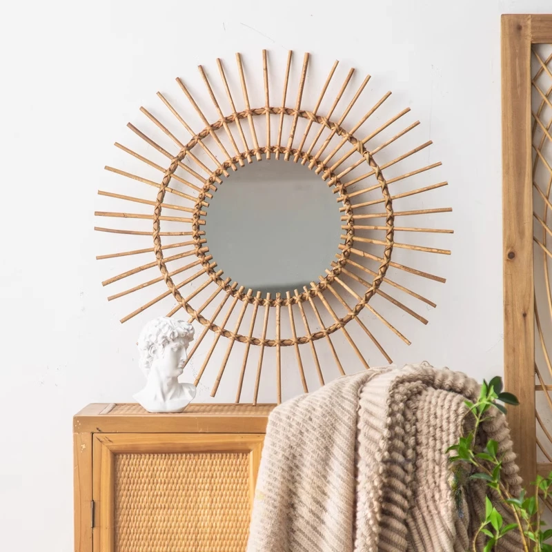 INS Style Decorative Mirrors Natural Wicker Woven Vanity Mirror Nordic Wall Basket Decor Homestay Hanging Ornament Room Decor