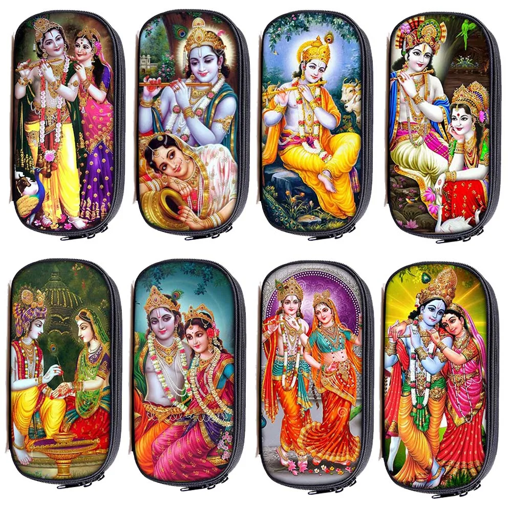 

Nice Radha Krishna Print Pencil Bag Indian Religious Gods Women Cosmetic Case for Travel Student Pencil Box School Supplies Gift