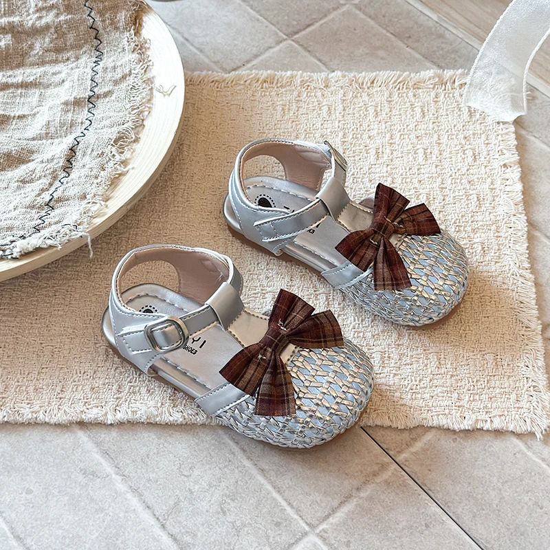 Girls Princess Sandals Summer Vintage Plaid Bowknot Shoes Kids Woven Toe Breathable Footwear Size 22-33