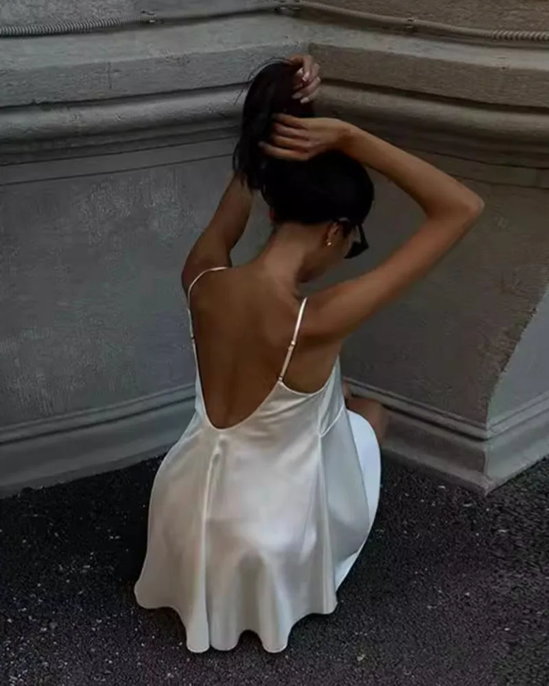 فستان ستان بلون سادة، مزيج أبيض مع تنورة ربط من الدانتيل، فستان مثير بحزام سباغيتي مع حزام مفتوح الظهر بدون ظهر #6