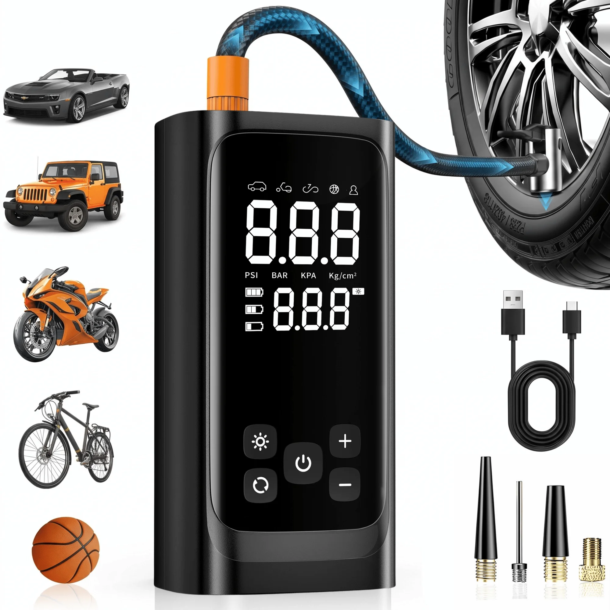 Compressor de Ar Portátil Sem Fio para Carro, Bomba Elétrica Infladora de Pneus para AUTO, Moto, Bicicleta, Barco e Bolas Infláveis