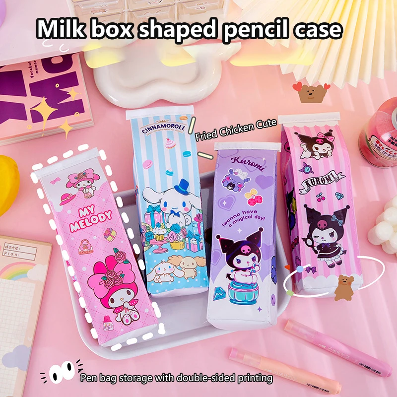 Sanrio Milk Box Shaped Pencil Case My Melody Cinnamoroll Kuromi Large Capacity Storage Waterproof Stationery Makeup Bag Kid Gift