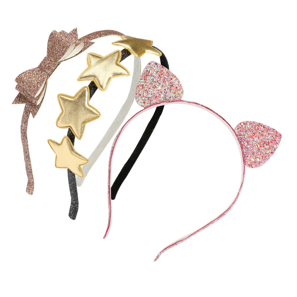 

3 Pcs Cat Ears Headband Bands Kids Star Cartoon Sequin Glitter Women Bow Hairband Kitten Child Sequins