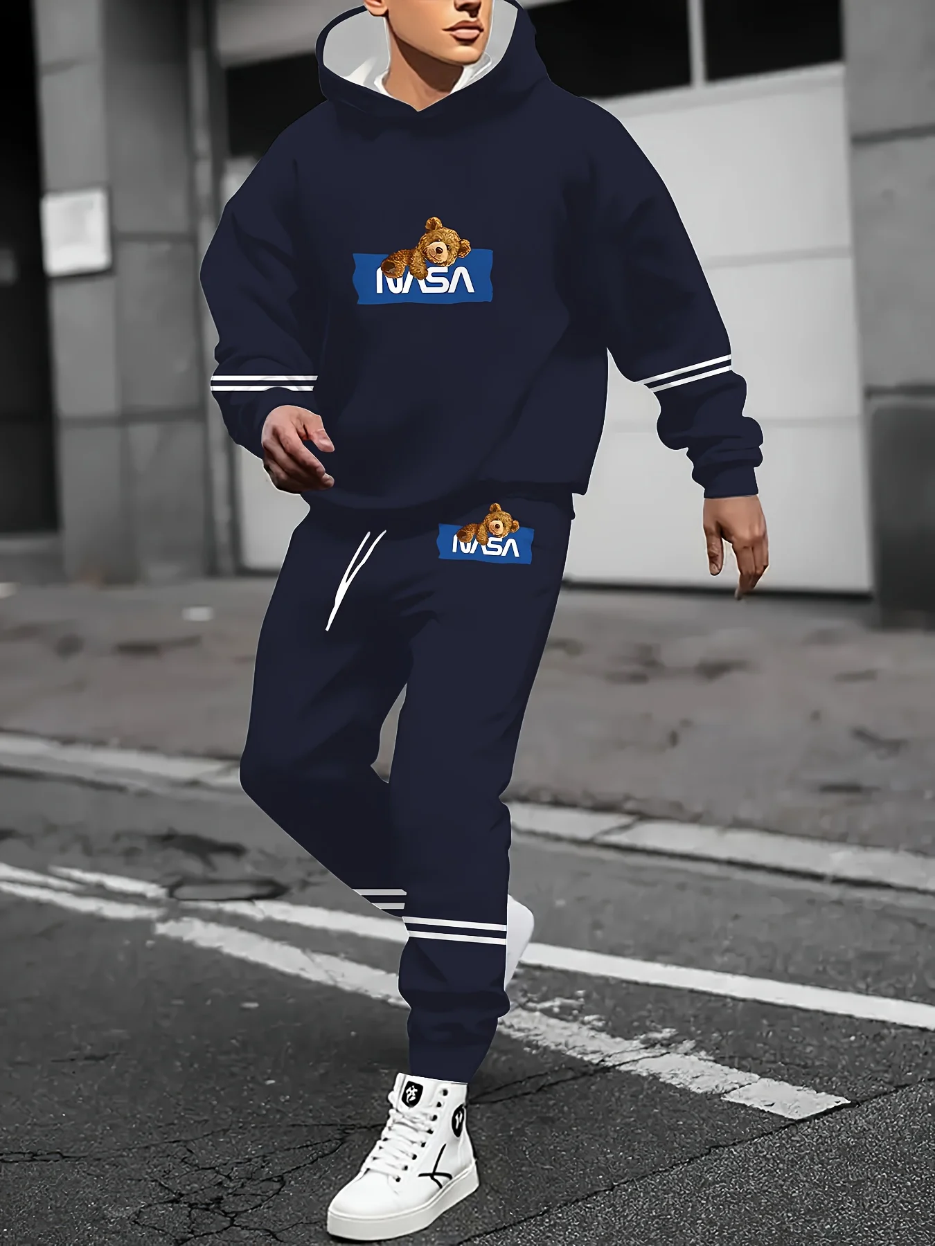 الخريف والشتاء الرجال هوديي مجموعة الأزياء الدب المطبوعة نمط هوديي مجموعة الرجال الرياضة هوديي مجموعة التجفيف السريع وتنفس