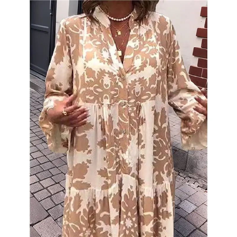 Kf quente-feminino elegante gola trompete manga impressa moda em camadas manga de três quartos maxi vestido