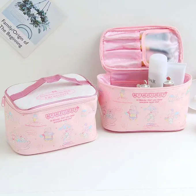 Sanrio My Melody Cosmetic Bag for Women Kawaii Storage Box PU Leather Cute Portable Makeup Bag Zipper Wash Beauty Pouch Gift