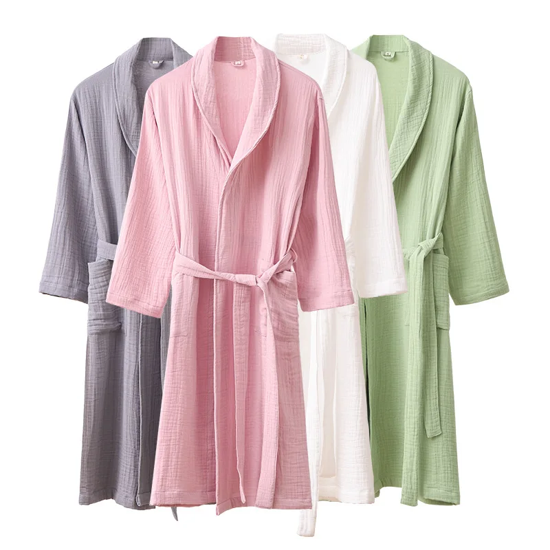 100%Pure Cotton Couples Bathrobe 3-6 layers Mesh Soft Home Dressing Thin Pajamas Hotel Kimono Robes Couple Summer four season