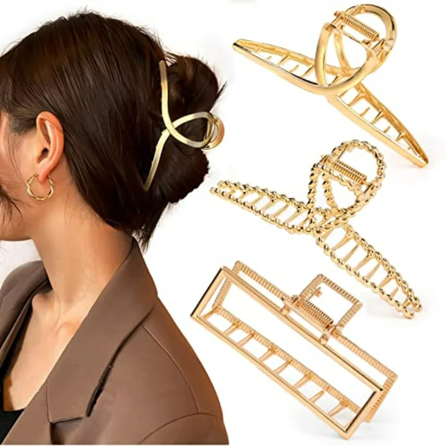 

3 PCS Metal Large Claw Clips for Thick Heavy Hair, Strong Hold Big Non-Slip Hair Catch Barrette Jaw Clamp for Long Hair, Fashio