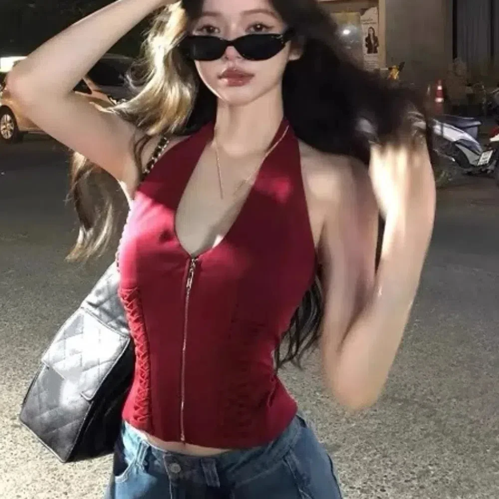 

Укороченный топ без рукавов с глубоким V-образным вырезом и завязками на талии, корейский жилет с лямкой на шее Y2K, топ, шикарная уличная одежда, женская камзол для танцев