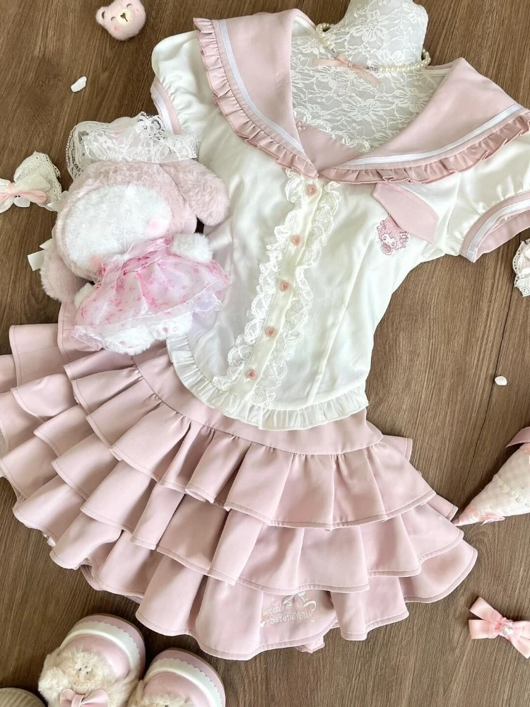الصيف اليابانية الحلو Kawaii قطعتين مجموعة المرأة الدانتيل تقليم تكدرت الأعلى + Y2k تنورة صغيرة الشباب سليم صالح موضة الزي جديد