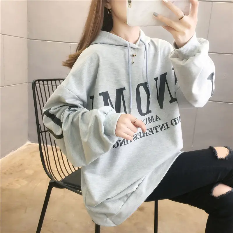 Baggy Female Clothes Tops Grey Letter Printing Text Loose Sweatshirts For Women Graphic Offer Korean Style High Quality Kpop E