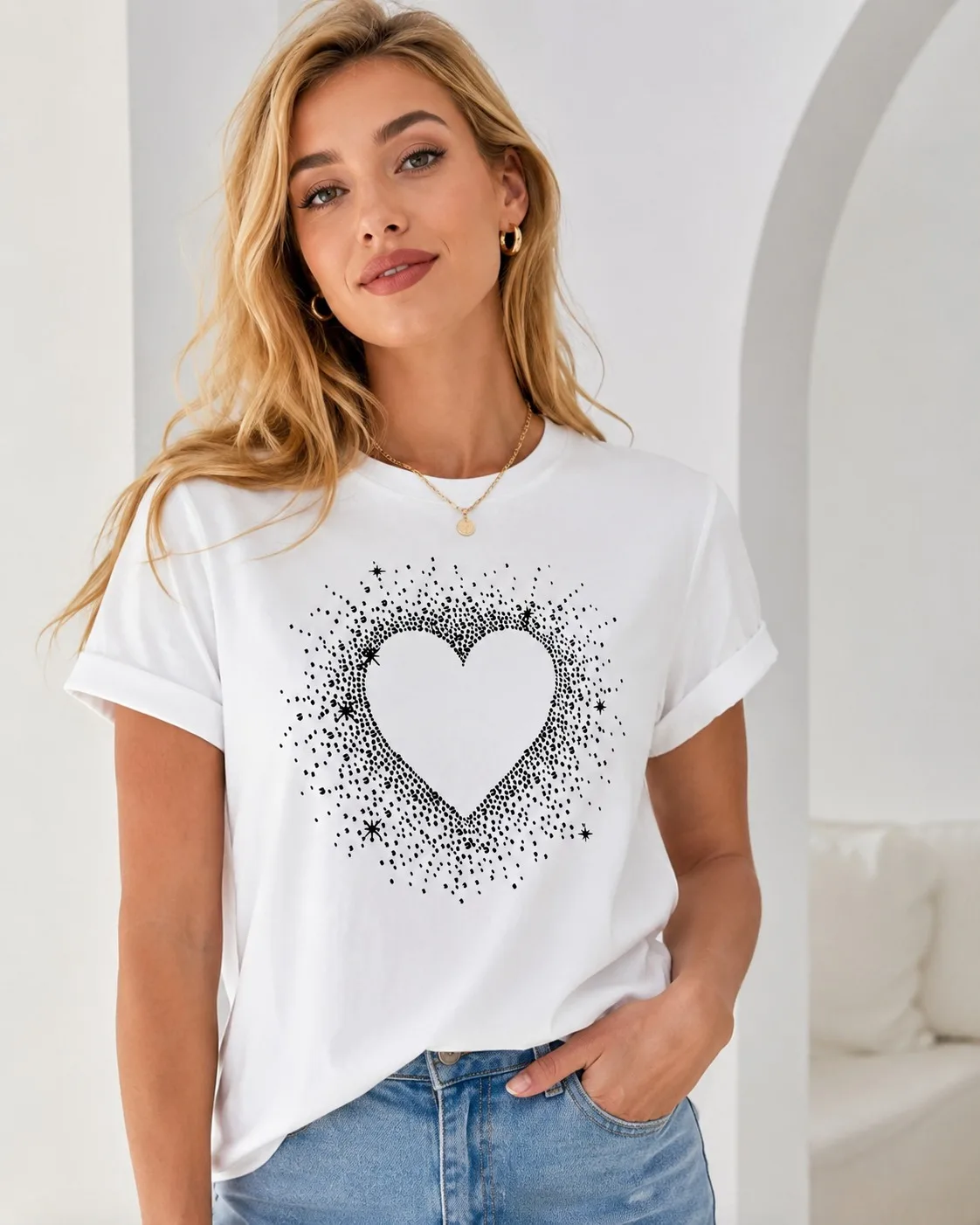 Women Cotton Fashionable T-shirt with Black Heart-shaped Printed Round Neck Short Sleeved Casual Top for Parties and Casual Wear
