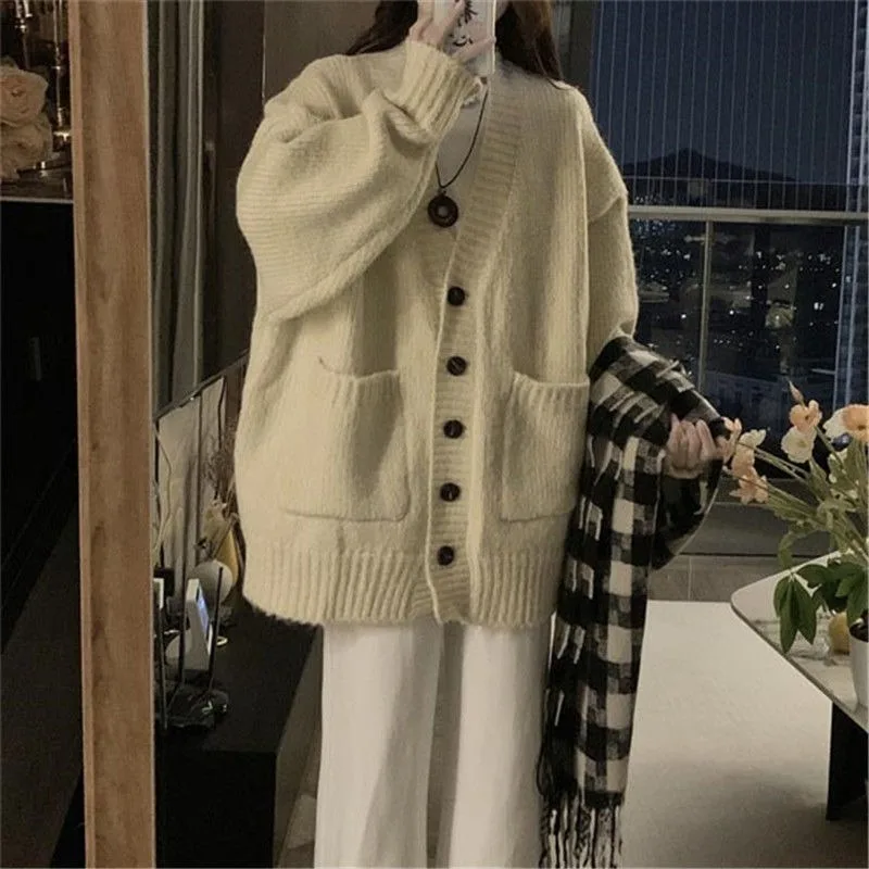 2023 New Lazy Style Retro Thickened Warm Sweater Cardigan Women Autumn Winter Loose Casual Versatile Hairy Knitted Shirt Coat