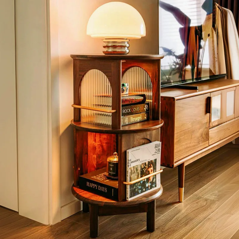 Retro American walnut mobile rotating edge table, living room sofa storage tea cabinet